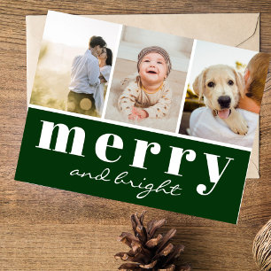 Eenvoudige Groene Drie Aangepaste Foto Kerstmis Feestdagenkaart