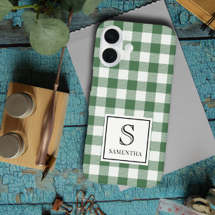 Eenvoudige groene en witte ruit zwarte monogram & iPhone 16 hoesje