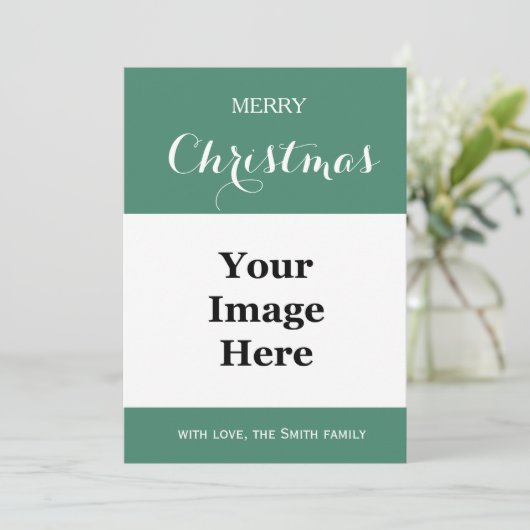 eenvoudige groene familie foto vrolijke Kerstmis g Feestdagenkaart (Staand voorkant)