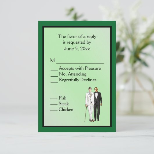 Eenvoudige Groene Gay Bruiloft RSVP met Menu Keuze (Staand voorkant)