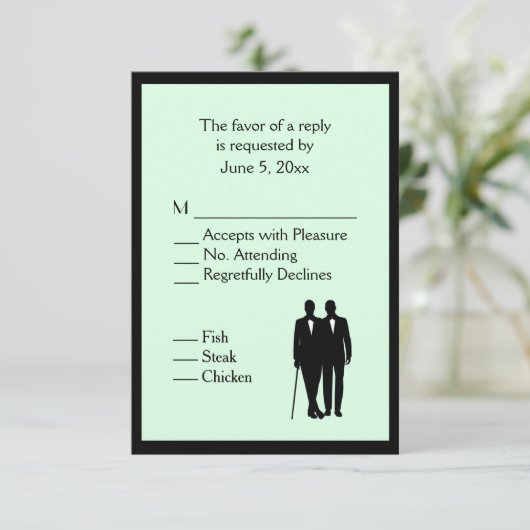 Eenvoudige Groene Gay Bruiloft RSVP met Menu Keuze (Staand voorkant)
