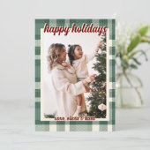 Eenvoudige groene geruite kerstkaart met foto (Staand voorkant)