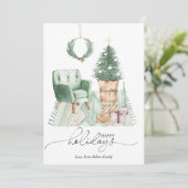 Eenvoudige groene gezellige kerstkamer flat feestdagenkaart (Staand voorkant)
