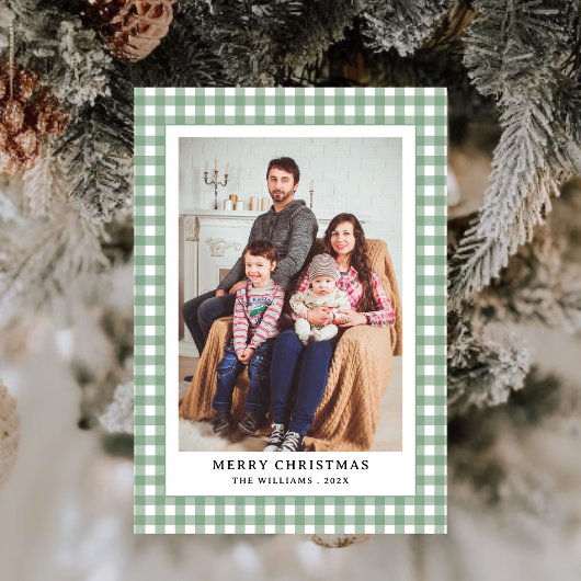 Eenvoudige Groene Gingham Plaid Foto Kerst Feestdagenkaart