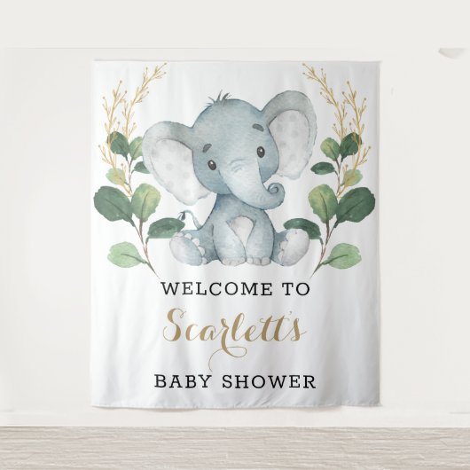 Eenvoudige groene goud olifant baby shower welkom wandkleed (Voorkant)