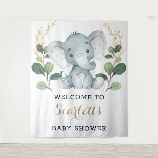 Eenvoudige groene gouden olifant Baby Shower Welko Wandkleed (Voorkant)