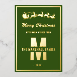 Eenvoudige groene goudmonogram Familienaam Naam Ke Folie Feestdagenkaart