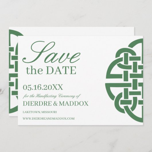 Eenvoudige Groene Keltische Knoop Handfasting Save The Date (Voorkant / Achterkant)