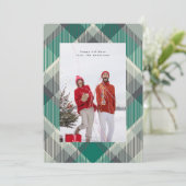 Eenvoudige groene moderne kerst geruite foto geluk feestdagenkaart (Staand voorkant)