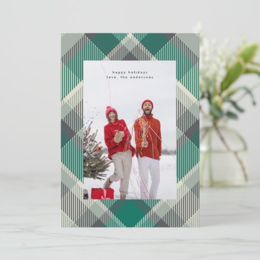 Eenvoudige groene moderne Kerstmis geruite foto bl Feestdagenkaart (Staand voorkant)