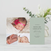 Eenvoudige groene, moderne multi-fotogeboorte aankondiging (Staand voorkant)