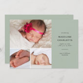 Eenvoudige groene, moderne multi-fotogeboorte aankondiging (Voorkant / Achterkant)