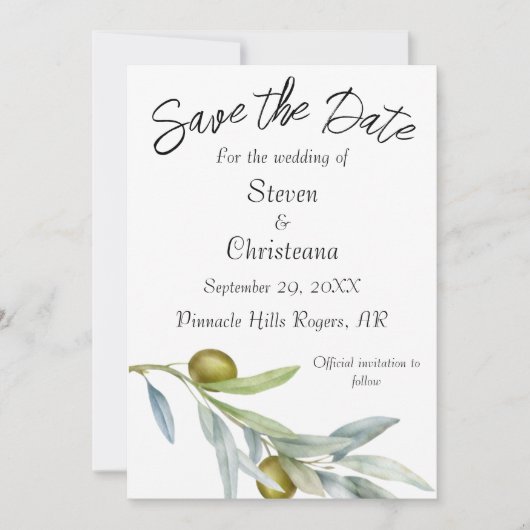 Eenvoudige Groene Olijftak Waterverf Save The Date (Voorkant)