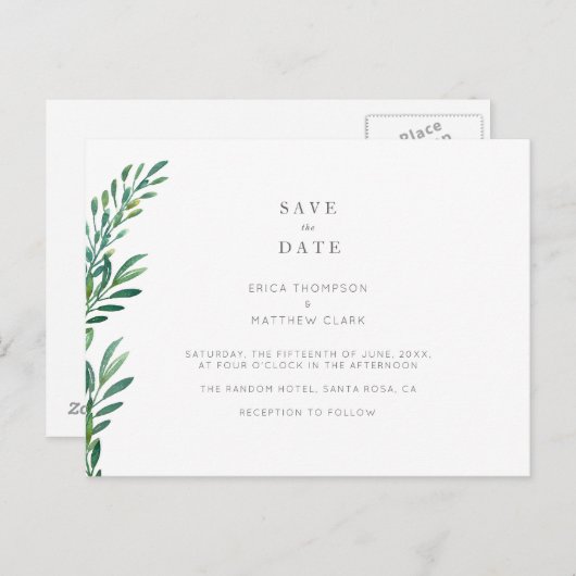 Eenvoudige groene trouwkaart 'Save The Date' Aankondigingskaart (Voorkant / Achterkant)