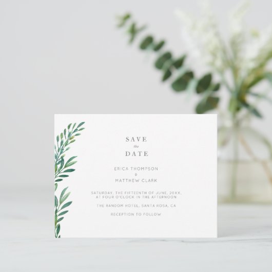 Eenvoudige groene trouwkaart 'Save The Date' Aankondigingskaart (Staand voorkant)