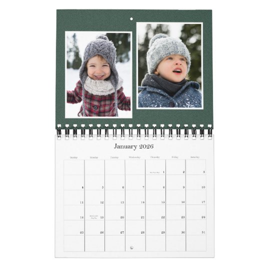 Eenvoudige groene visgraat tweed klassieke familie kalender (Jan 2026)
