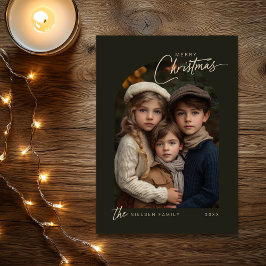 Eenvoudige groene vrolijke kerstscriptfoto feestdagenkaart