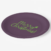 Eenvoudige Groene Vrolijke Kersttekst op Violet Papieren Bordje (Gekanteld)