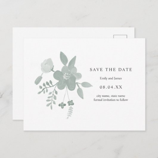 Eenvoudige groene Waterverf Floral sparen de Datum Uitnodiging Briefkaart (Voorkant / Achterkant)