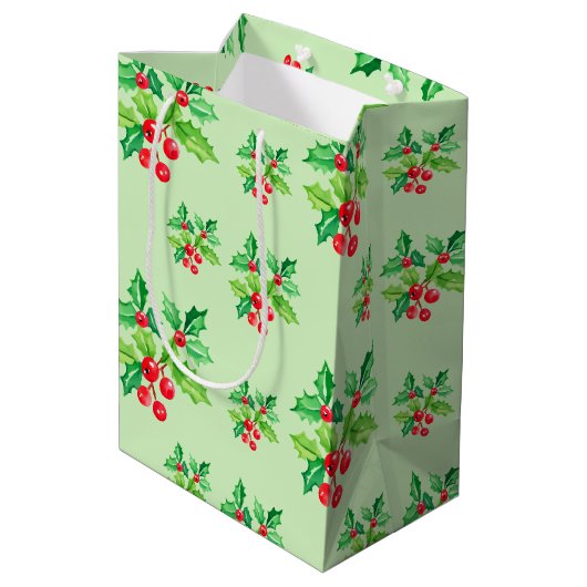 Eenvoudige groene Waterverf Holly Berries Xmas Pat Medium Cadeauzakje (Achterkant Gekanteld)