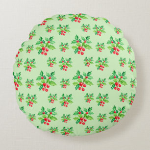 Eenvoudige groene Waterverf Holly Berries Xmas Pat Rond Kussen