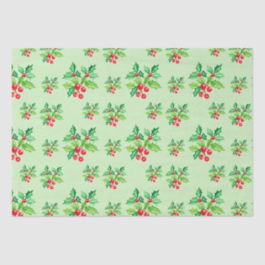 Eenvoudige groene Waterverf Holly Berries Xmas Pat Tissuepapier (Voorkant)