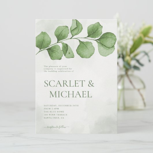 Eenvoudige groene Waterverf verlaat bruiloft Kaart (Staand voorkant)