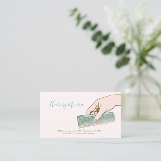 Eenvoudige haarstijllijst met haarbol in hand visitekaartje (Staand voorkant)