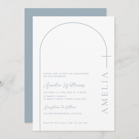 Eenvoudige halve boog kruis blauwe doop kaart (Voorkant / Achterkant)