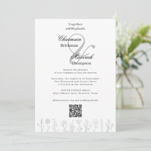 Eenvoudige hand getrokken bloem foto QR code bruil Kaart (Staand voorkant)