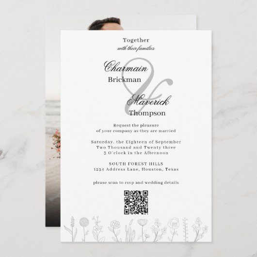 Eenvoudige hand getrokken bloem foto QR code bruil Kaart (Voorkant / Achterkant)