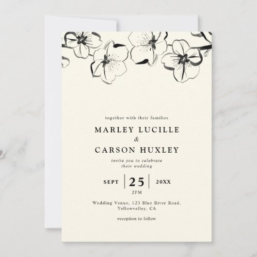 Eenvoudige Hand Getrokken Bloemen Ivoor Huwelijk Kaart (Voorkant)