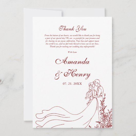 Eenvoudige Hand getrokken Paar Foto Bourgondische Bedankkaart (Voorkant)