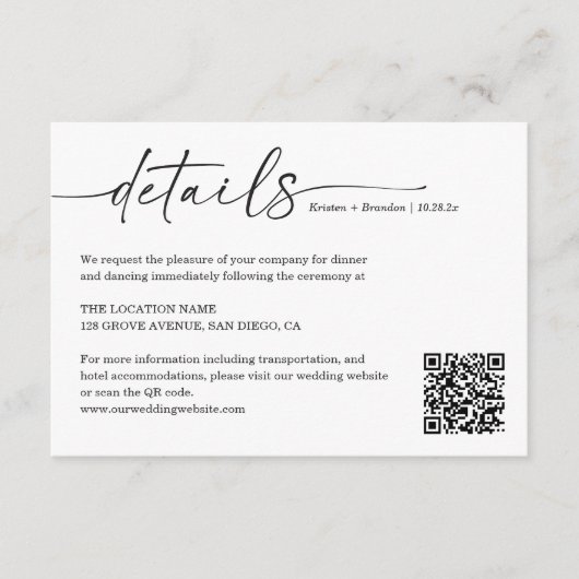 Eenvoudige handgeschreven code voor bruiloften met informatiekaartje (Voorkant)