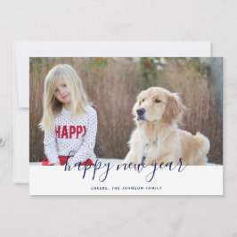 Eenvoudige handgeschreven, Happy Nieuwjaar-fotokaa Feestdagenkaart