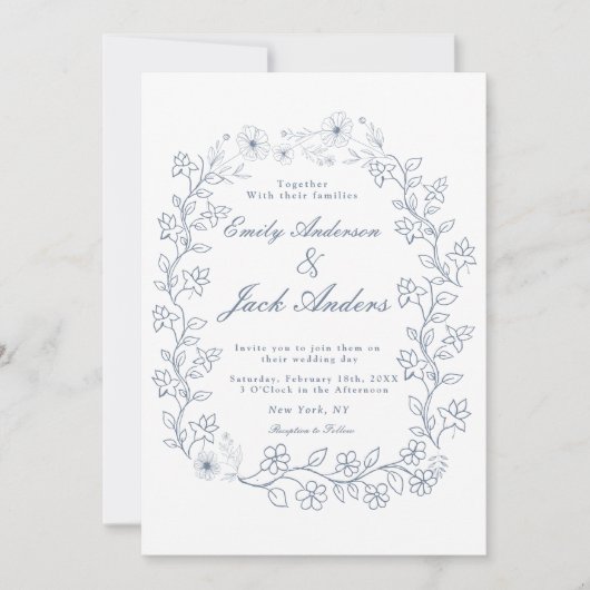 eenvoudige handgetekende Blauwe lijn bloementuin b Save The Date (Voorkant)