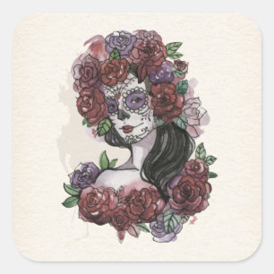 Eenvoudige handgetekende Dia de los Muertos   Stic Vierkante Sticker