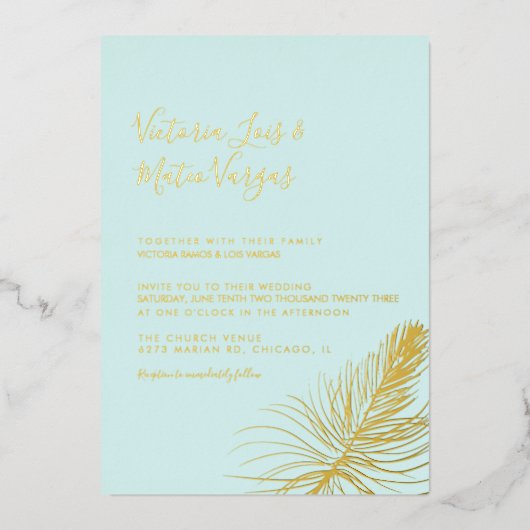 Eenvoudige handgetekende palmboom Tropische bruilo Folie Uitnodiging (Voorkant)