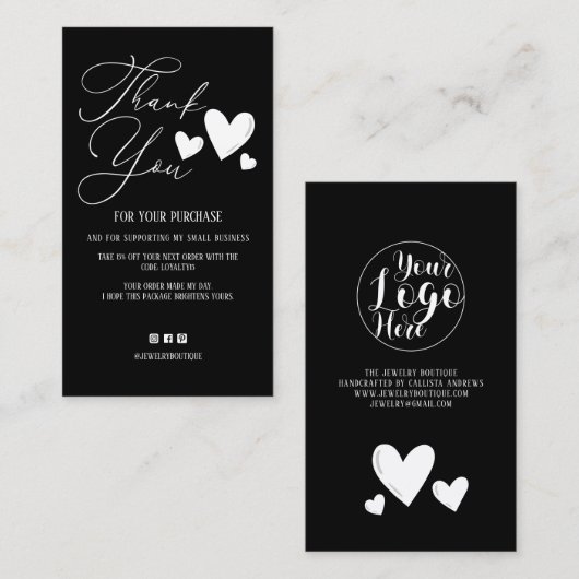 Eenvoudige handtekening script harten orde dank u  visitekaartje (Voorkant / Achterkant)