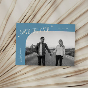 Eenvoudige Hart Denim Blauwe Gebogen Frame Foto Save The Date