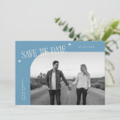 Eenvoudige Hart Denim Blauwe Gebogen Frame Foto Save The Date (Staand voorkant)