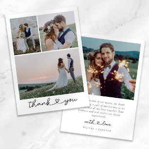 Eenvoudige hart script bruiloft foto collage bedankkaart