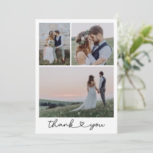Eenvoudige hart script bruiloft foto collage bedankkaart (Staand voorkant)