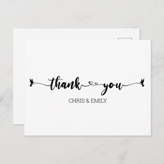 Eenvoudige harten en vogelkalligrafie Dank u Briefkaart (Voorkant / Achterkant)