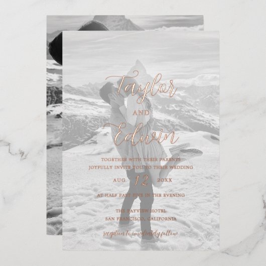 Eenvoudige hedendaagse foto van modern Roos Gold Folie Uitnodiging (Voorkant / Achterkant)