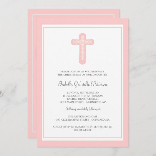 Eenvoudige Heilige Kruis Roze Meisje Doop Uitnodig Kaart (Voorkant / Achterkant)