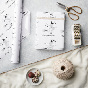 Eenvoudige heks en vleermuizen lijn kunst Happy Ha Cadeaupapier