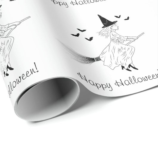 Eenvoudige heks en vleermuizen lijn kunst Happy Ha Cadeaupapier (Rol Hoek)