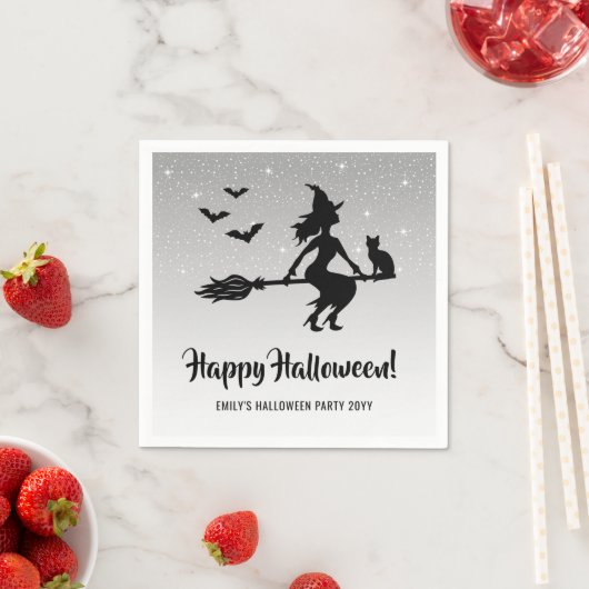 Eenvoudige heks op een bezem zwart en wit hallowee servet (Insitu)