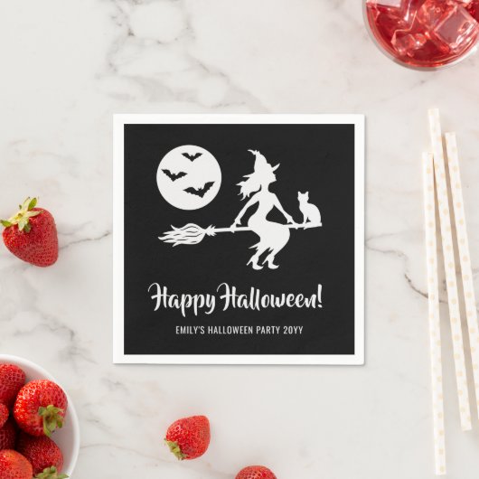 Eenvoudige heks op een bezem zwart en wit hallowee servet (Insitu)